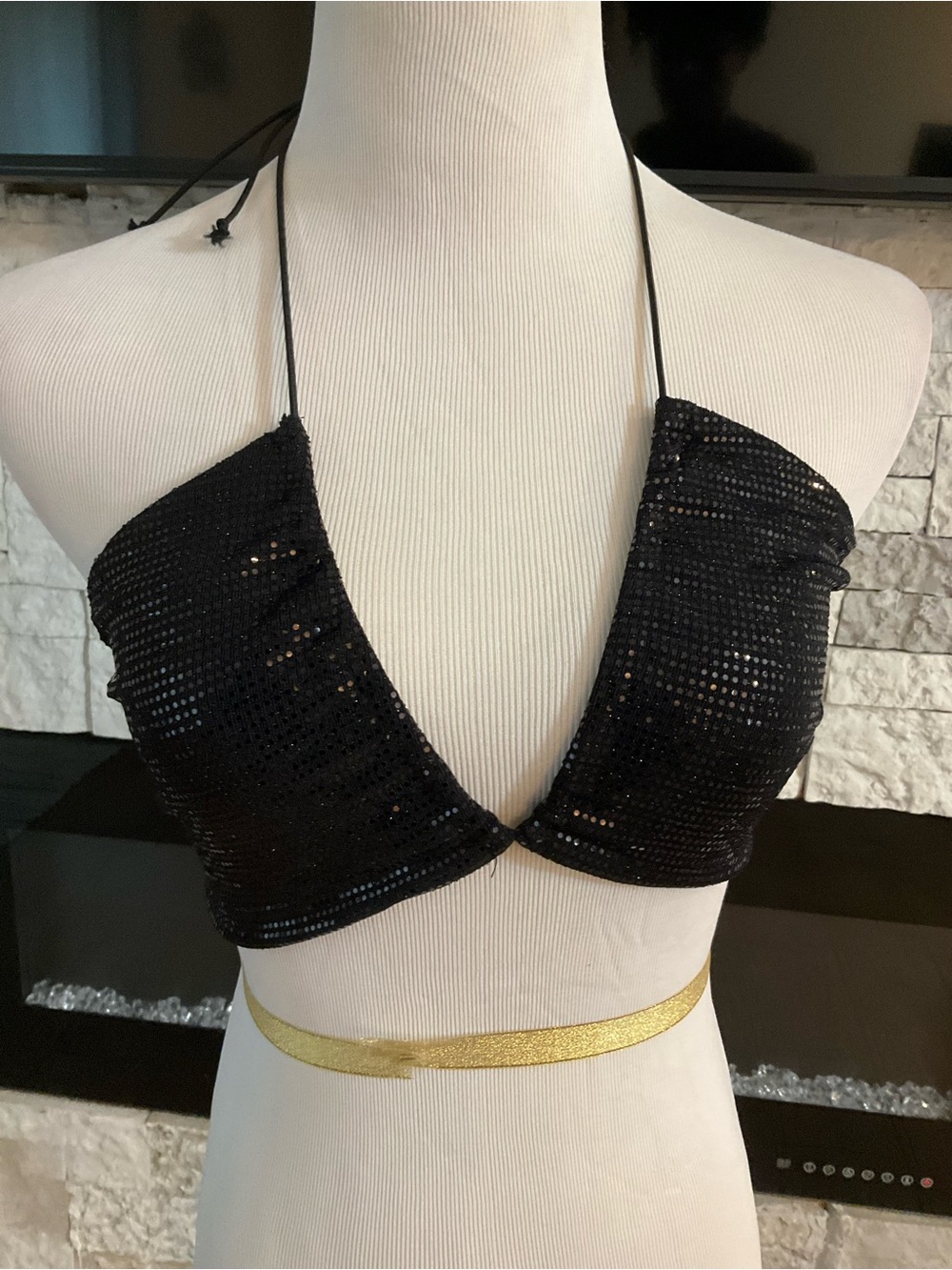 Olivaceous Black Sequin Halter Crop Top M